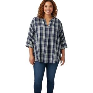 Lane Bryant Blue and White Blouse with Mandarin Collar